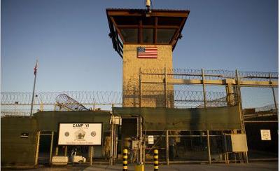 Front gate of Camp Six detention facility at the US Naval Station in Guantanamo Bay Cuba