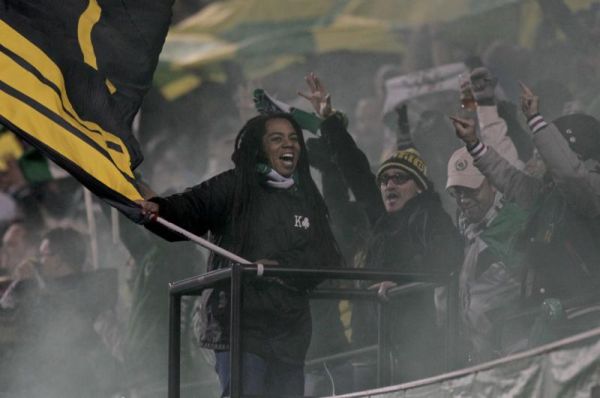 Portland Timbers fans celebrate goal during the first