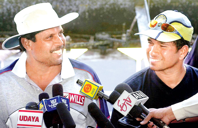 Way back then India coach Kapil Dev and skipper Sachin Tendulkar during a press conference prior to the second Test against South Africa in Bangalore