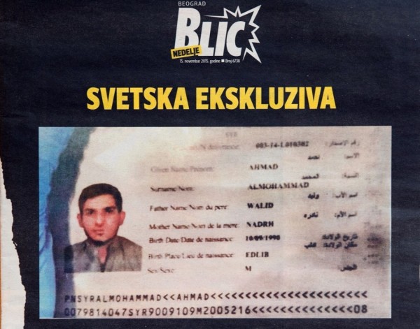 Serbian magazine Blic displaying a Syrian passport found by police at the scene of one of the Paris attacks