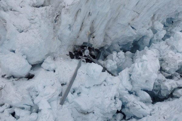 The crashed helicopter was found in a crevasse on the glacier