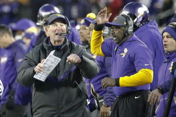 Mike Zimmer yells from the bench during the first half of an NFL football game against the Green Bay Packers in Minneapolis Sunday Nov. 22 2015