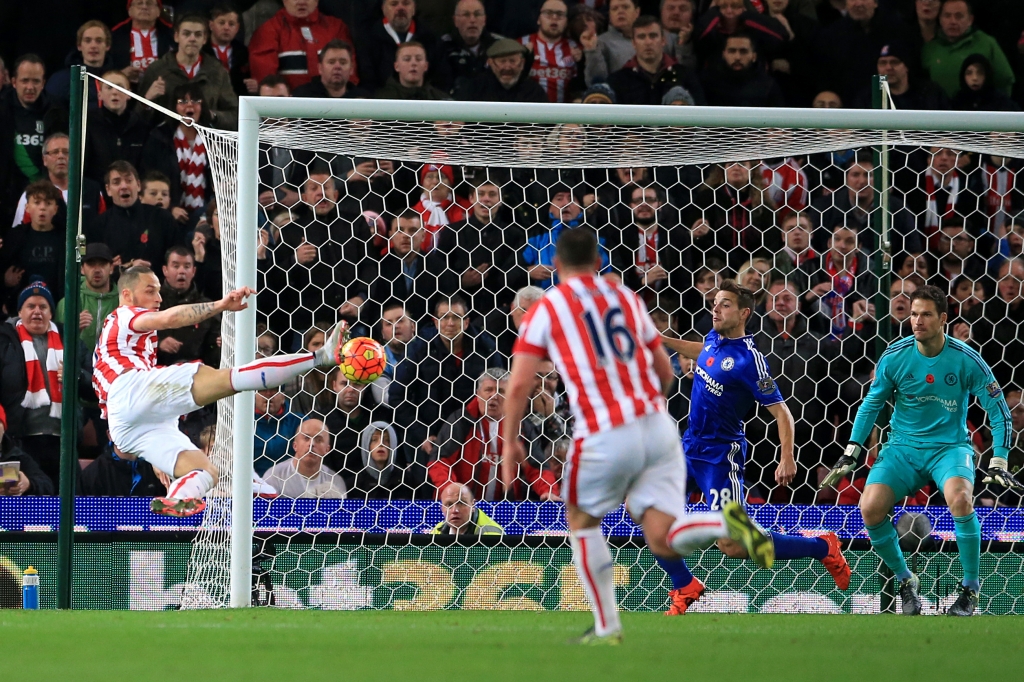 Stoke City's Marko Arnautovic scores the only goal of the game against Chelsea