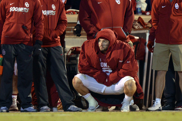 NORMAN OK- NOVEMBER 21 Quarterback Baker Mayfield # 6 of the Oklahoma Sooners watches game action while sitting out the second half during their win against the TCU Horned Frogs