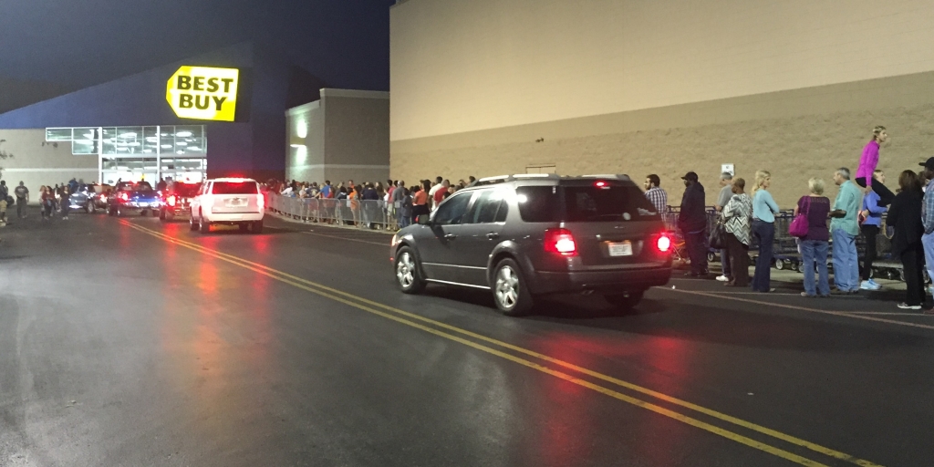 Shoppers lined up outside the Best Buy in Mobile on Thanksgiving night. Black Friday has transformed into Black Thursday with many sales starting on Thanksgiving Day