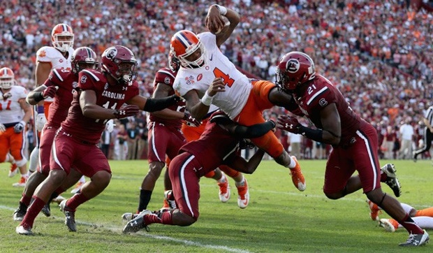 Deshaun Watson of Clemson dives for TD against South Carolina