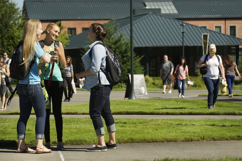 Students visit during the first day of classes at Washington State University Vancouver in 2013