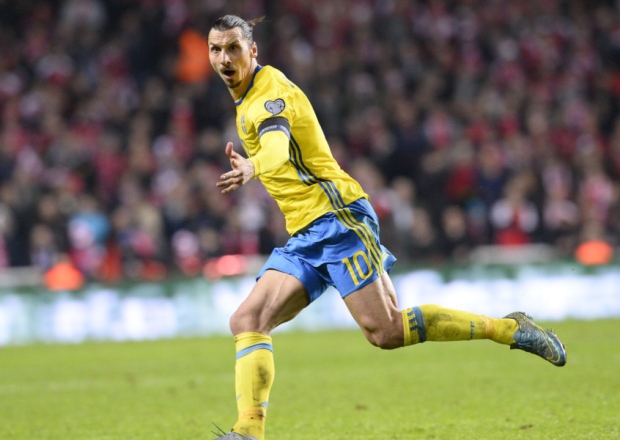 Sweden's forward and team captain Zlatan Ibrahimovic celebrates after scoring his second