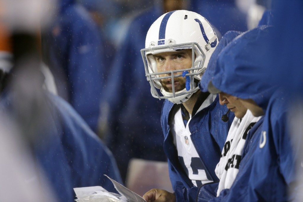 Indianapolis Colts&#039 Andrew Luck on the bench in the second half of an NFL football game against the Carolina Panthers in Charlotte N.C. Monday Nov. 2 2015. The Panthers won in overtime 29-26