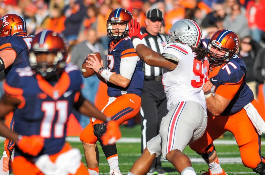 Illinois quarterback Wes Lunt looks for a receiver during the second half of an NCAA football game against Ohio State Saturday Nov. 14 2015 in Champaign Ill. Ohio State won 28-3