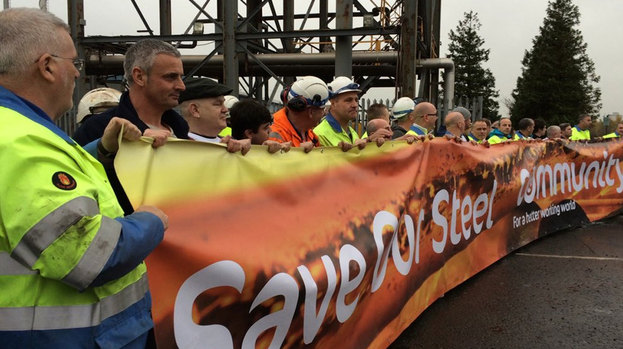 Tata Steel workers with banner at Motherwell plant before they went to Scottish Parliament Quality news image uploaded November 4 2015