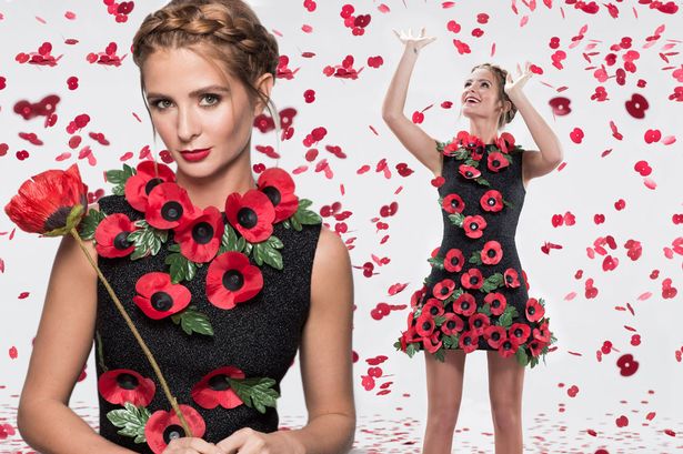 Millie Mackintosh wearing a dress made with 100 red poppies to support this year’s Poppy Appeal