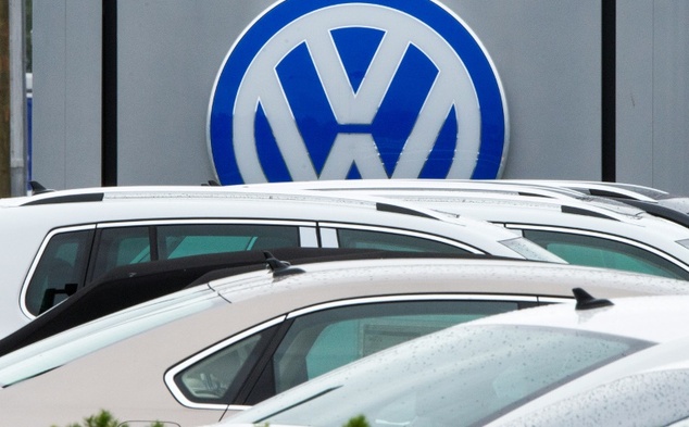 The logo of German car maker Volkswagen is seen at a car dealer in Woodbridge Virginia