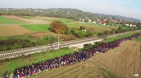 Thousands of migrants cross illegally into Slovenia on foot in this screenshot from You Tube video filmed in October 2015