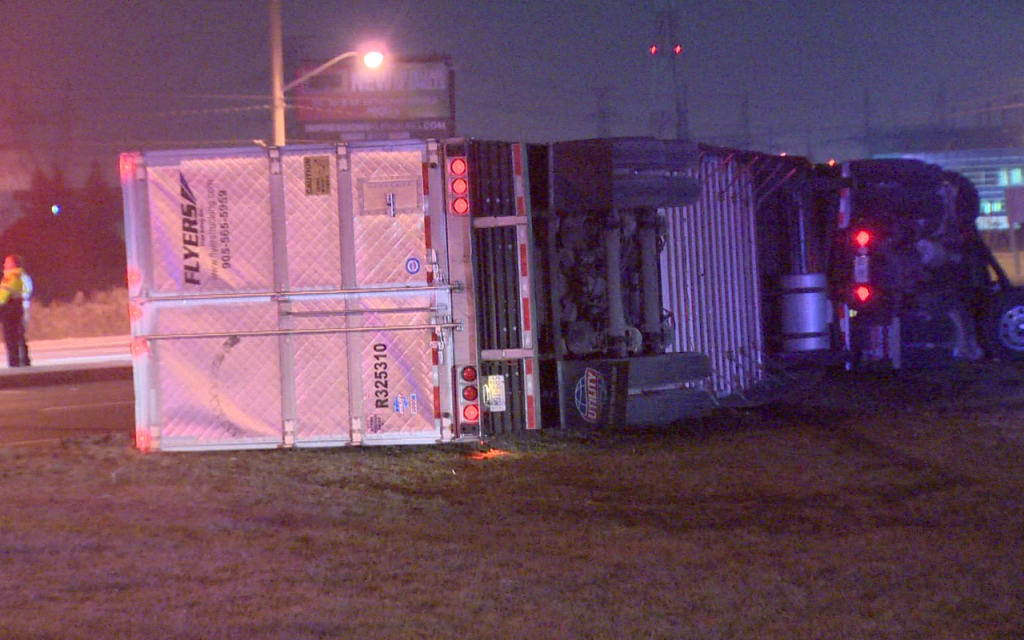 A stolen transport truck flipped on its side on Hwy 27 in Vaughan on Nov. 25 2015