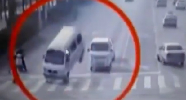 The bizarre moment three cars 'LEVITATE' in the road at a busy junction - but