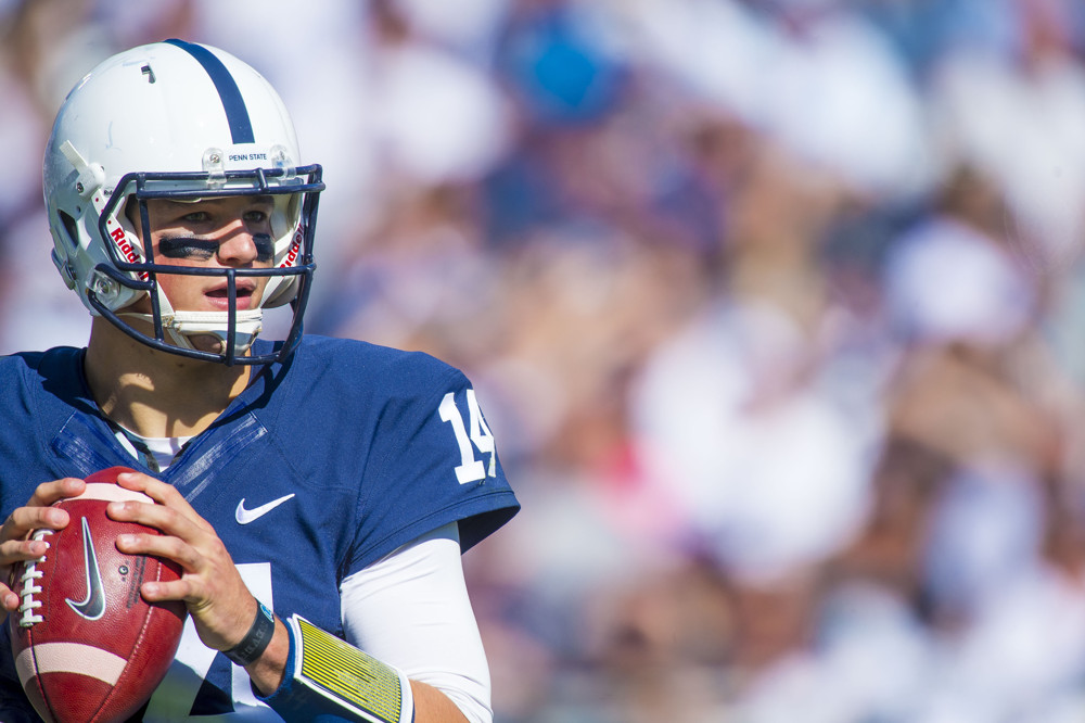 10 October 2015 Penn State Nittany Lions quarterback Christian Hackenberg looks to pass during the NCAA Football game between the Penn State Nittany Lions and the Indiana Hoosiers played at Beaver Stadium in University Park PA