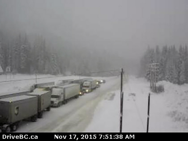 Transport trucks backed up at Rogers Pass following an MVI east of Revelstoke on the morning of Nov. 17