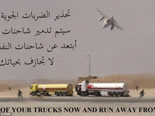 The US dropped these leaflets to warn civilian truck drivers of an incoming airstrike on 116 oil truck tankers in Syria on Sunday urging them to get out of their trucks and run