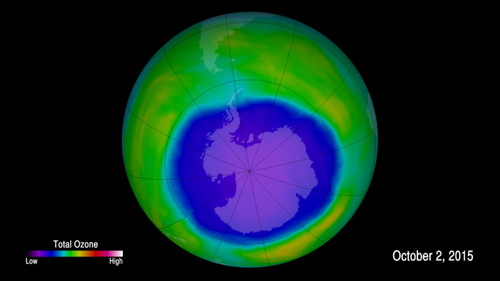 This false-colour image shows ozone concentrations above Antarctica on Oct. 2 2015