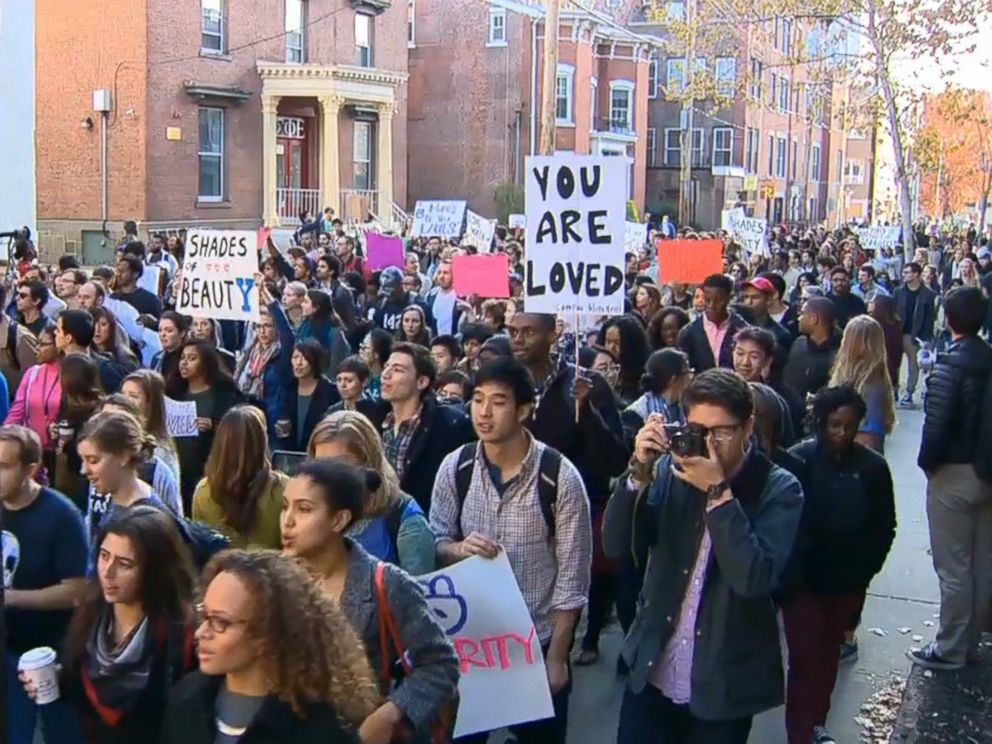 Yale University students and supporters participate in a march across campus to demonstrate against what they see as racial insensitivity at the Ivy League school Nov. 9 2015 in New Haven Conn