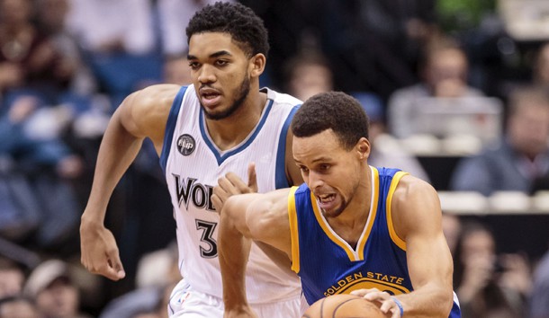 Nov 12 2015 Minneapolis MN USA Golden State Warriors guard Stephen Curry dribbles in the first quarter against Minnesota Timberwolves center Karl Anthony Towns at Target Center. Brad Rempel-USA TODAY Sports