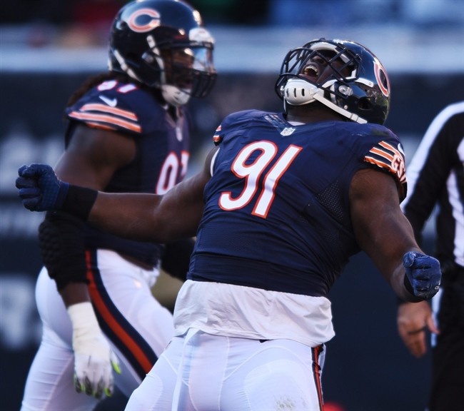 Chicago Bears nose tackle Eddie Goldman celebrates a sack against Denver Broncos quarterback Brock Osweiler during the first half of an NFL football game Sunday Nov. 22 2015 in Chicago. MANDATORY CREDIT MAGS OUT