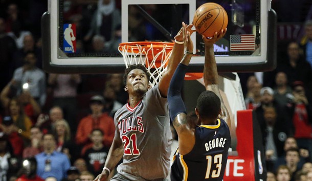 Nov 16 2015 Chicago IL USA Chicago Bulls guard Jimmy Butler blocks a shot by Indiana Pacers forward Paul George during the final seconds of the second half at United Center. Kamil Krzaczynski-USA TODAY Sports