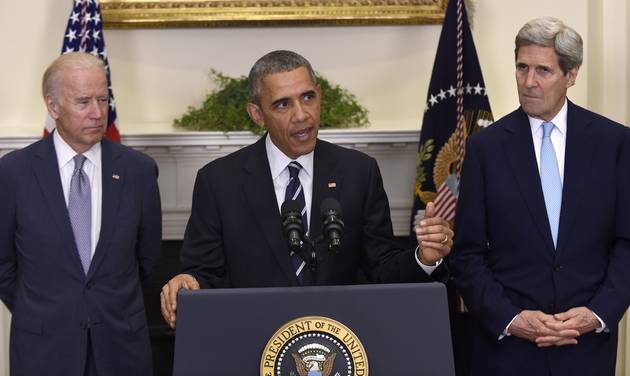 President Barack Obama accompanied by Vice President Joe Biden and Secretary of State John Kerry announces he's rejecting the Keystone XL pipeline because he does not believe it serves the national interes