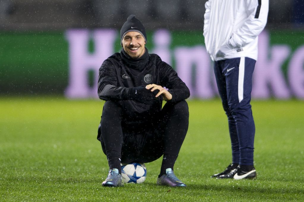 Paris Saint Germain player Zlatan Ibrahimovic attends a training session at the Malmo New Stadium