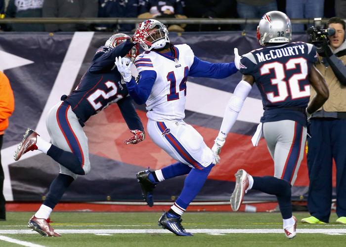 FOXBORO MA- NOVEMBER 23 Sammy Watkins #14 of the Buffalo Bills attempts to catch a pass as Malcolm Butler #21of the New England Patriots defends during the third quarter at Gillette Stadium