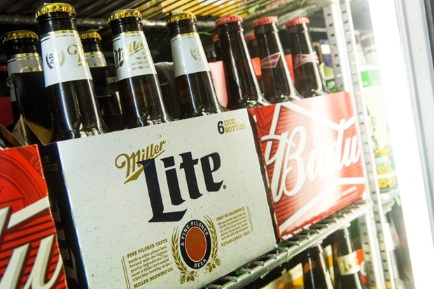 Miller Lite beer and budweiser beer on a shelf at a grocery store in New York City