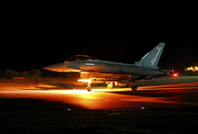 A British Royal Air Force Typhoon leaves for a mission from RAF Akrotiri in southern Cyprus