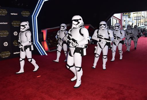 Stormtroopers march on the red carpet at the world premiere of'Star Wars The Force Awakens at the TCL Chinese Theatre on Monday Dec. 14 2015 in Los Angeles