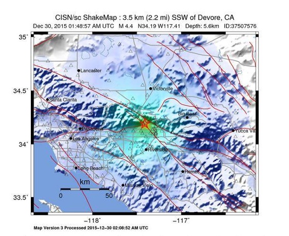 A magnitude-4.4 quake hit in foothills north of San Bernardino on Tuesday Dec. 29 2015. U.S. Geological Survey