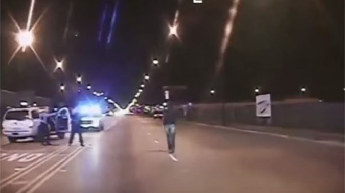 A still image of dashcam footage immediately preceding the shooting