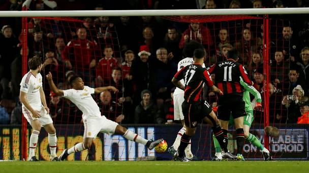 AFC Bournemouth's Joshua King scores their second goal against Manchester United