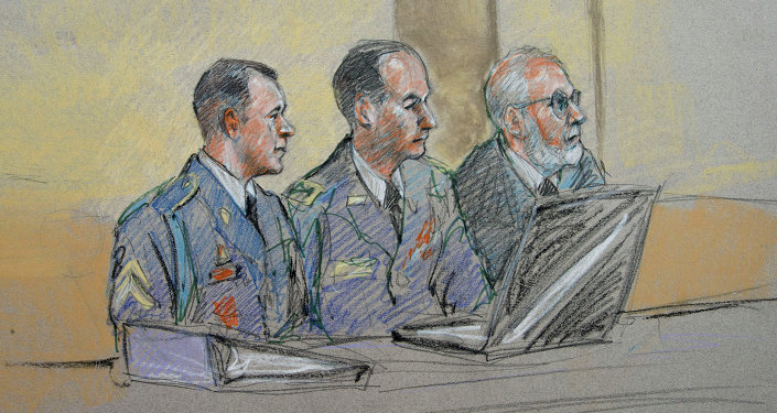 Army Sgt. Bowe Bergdahl left defense counsel Lt. Col. Franklin D. Rosenblatt center and lead defense counsel Eugene Fidell sit during a preliminary hearing to determine if Sgt. Bergdahl will be court-martialed