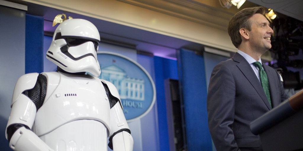 Monsivais White House press secretary Josh Earnest right and a Stormtrooper