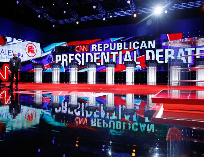 Podiums line the stage before the CNN Republican presidential debate at the Venetian Hotel & Casino on Tuesday Dec. 15 2015 in Las Vegas