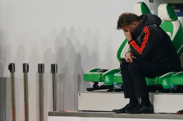 Manchester United manager Louis van Gaal looks dejected