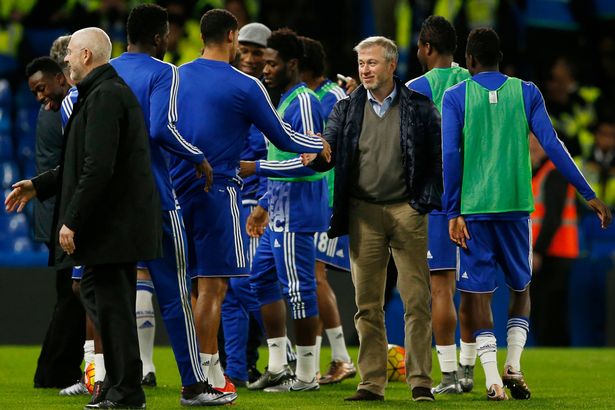 New Chelsea manager Guus Hiddink Didier Drogba and owner Roman Abramovich celebrate after Pedro scores the second goal