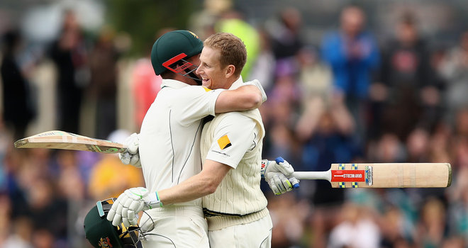 Adam Voges celebrates scoring 200 with Shaun Marsh