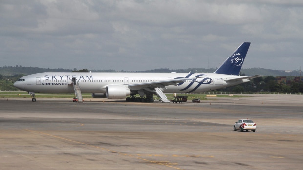 An Air France jet which made an emergency landing is seen at Moi International Airport in Mombasa Kenya Sunday Dec. 20 2015. The Boeing 777 Air France flight 463 from Mauritius to Paris was forced to land in the Kenyan coastal city of Mombasa after a