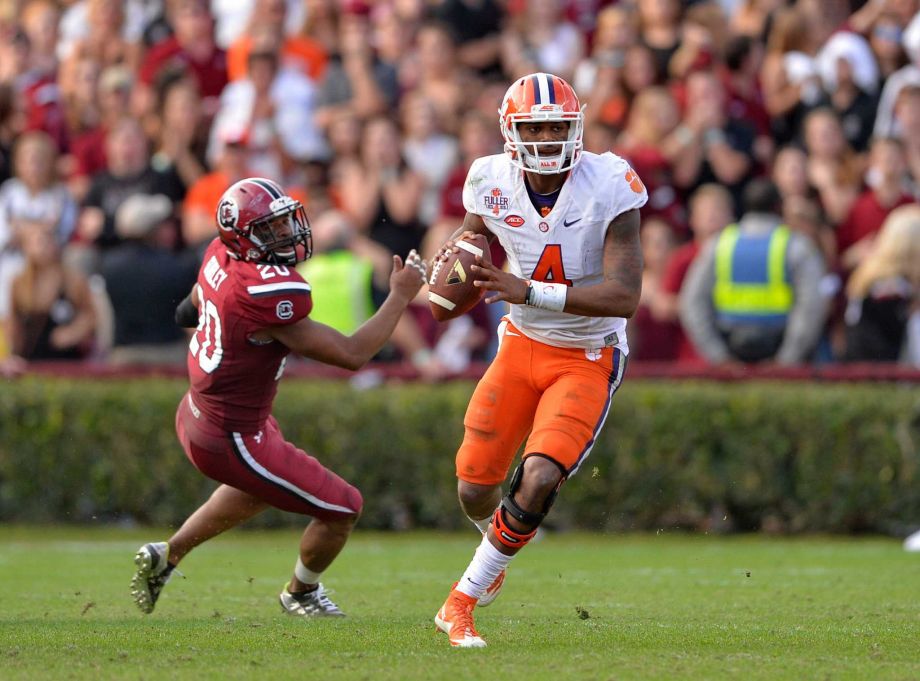 Deshaun Watson scrambling out of the pocket looking for a receiver during the second half of an NCAA college football game against South Carolina in Columbia S.C. Alabama running back Derrick