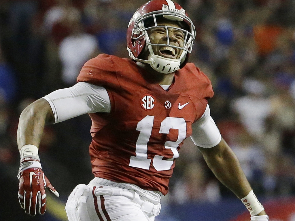 Alabama wide receiver Ar Darius Stewart celebrates his touchdown catch against Florida during the SEC championship game