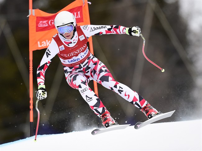 Mirjam Puchner of Austria skis down the course during a training run for the women's World Cup downhill in Lake Louise Alta. on Thursday Dec.3 2015. THE CANADIAN PRESS  Frank Gunn