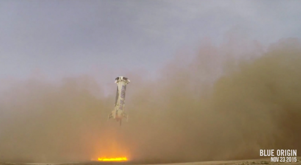 Blue Origin's New Shepard vehicle coming in for a landing Nov. 23 after reaching a peak altitude of 100.5 kilometers and top speed of Mach 3.72. Credit Blue Origin video