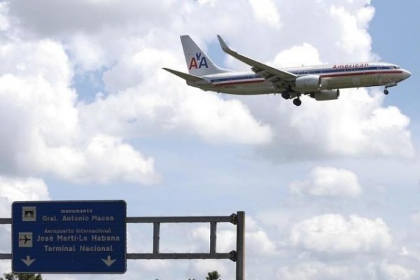 An American Airlines airplane prepares to land at the Jose Marti International Airport in Havana