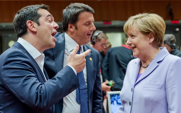 Alexis Tsipras left and Italian Prime Minister Matteo Renzi speak with German Chancellor Angel